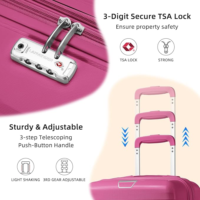 LARVENDER Carry On Luggage 22x14x9 Airline Approved, 20 Inch Hardshell & Lightweight PP Travel Carry On Suitcase for Women with Spinner Wheels TSA Lock, Magenta