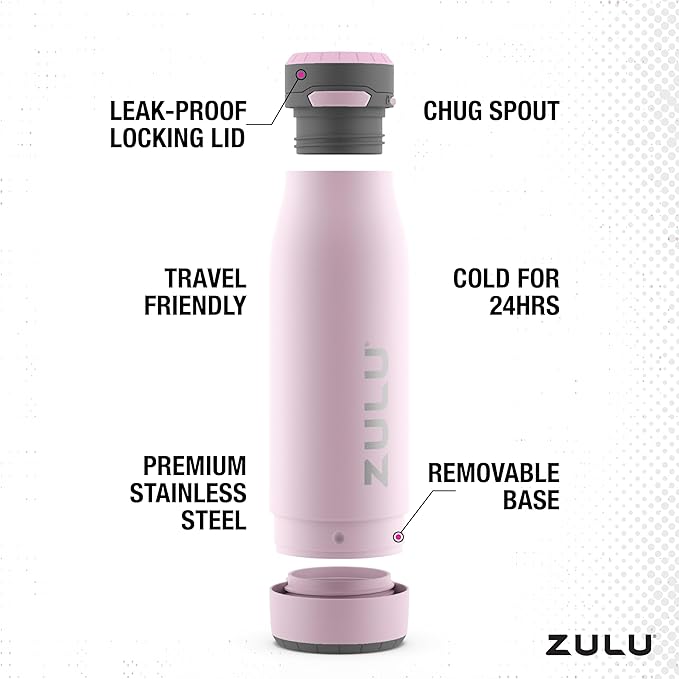 ZULU Ace Vacuum Insulated Stainless Steel Water Bottle with Chug Spout, Leak-Proof Locking Lid and Removable Base for School, Backpack, Sports, Gym, Travel