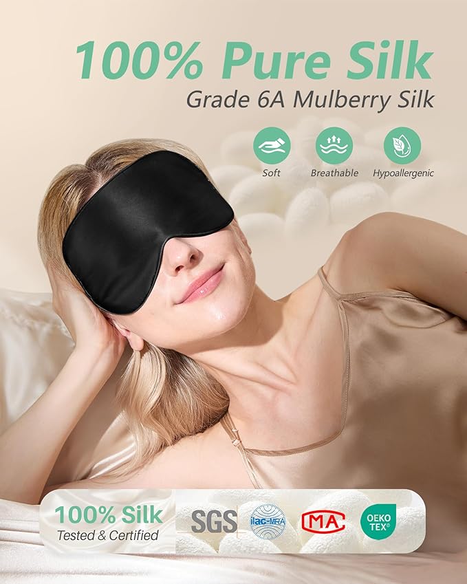 BeeVines Sleep Mask, 2 Pack 100% Real Natural Silk Eye Masks with Adjustable Strap for Sleeping, Mulberry Silk Eye Sleep Shade Cover, Blocks Light Reduces Puffy Eyes Traveling Gifts (Black & Black)