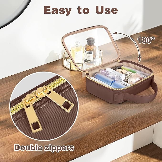 Wedama Clear Toiletry Bag, 2 Pack Clear Makeup Bags with Handles, Large Travel Bags PVC Cosmetic Bag for Women and Men, Carry on Airport Airline Compliant Bag, Brown