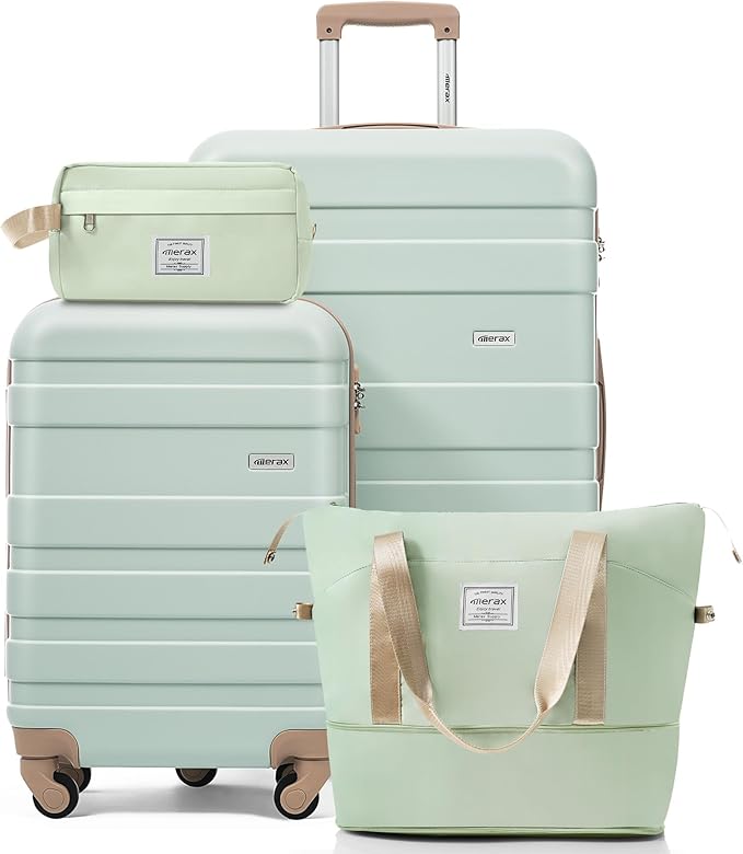 4-Piece Luggage Set, Suitcase with TSA Lock Travel Duffel Bag Wet-Dry Toiletry Bag, Green