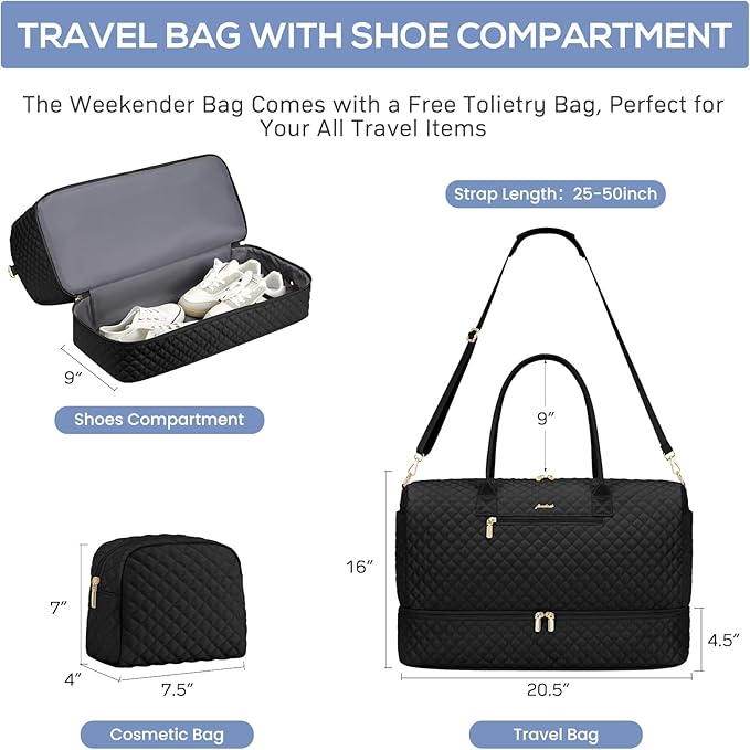 Travel Weekender Bags for Women - Duffle Bag Women with Shoe Compartment Carry On Overnight Bag with Toiletry Bag Duffel Bags with Wet Pocket for Gym Hospital Bags Black for College