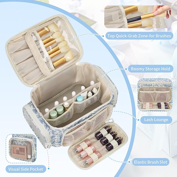 Makeup Bag with Multi-Pockets,Travel Cosmetic Bag with 2 Transparent Side Pockets for Easy Small Item Finding, Enlarged Internal Compartments, Large Capacity Waterproof Bottom Makeup Organizer -Floral