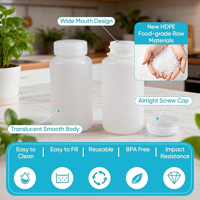 DEMORA 8 oz Plastic Bottles with Lids, Airtight Refillable Wide Mouth Travel Bottles for Toiletries, HDPE Food Grade Plastic Containers for Liquids Pill Water Sample Lab Reagent (Translucent, 2 Pcs)