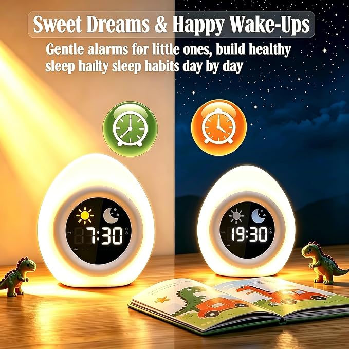 Deer Cartoon Ok to Wake Alarm Clock, White Noise Tap Night Light for Room | 6 White Noise Sounds, 8 Light Modes, Dual Alarm & Snooze, Dimmable LED, Type-C Rechargeable, 12/24 Hour Display