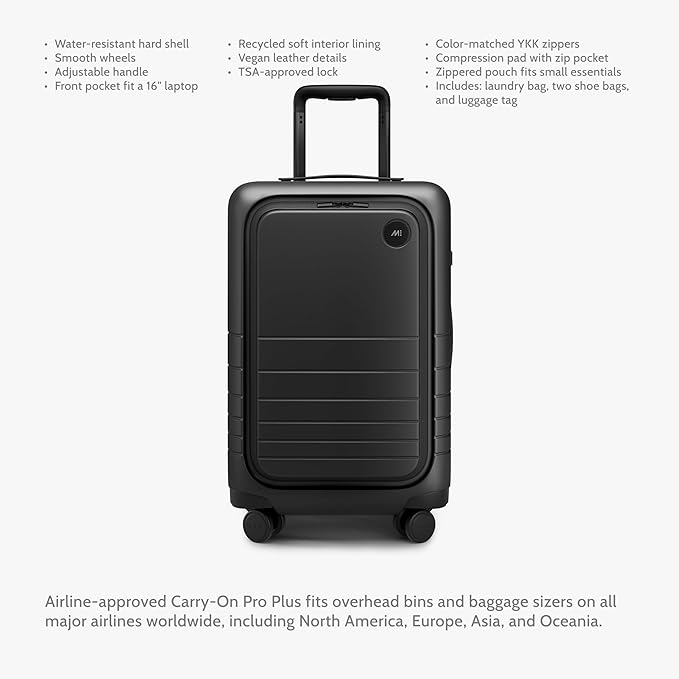 Monos Carry-On Pro Plus Luggage (23"), Hardside Spinner Suitcase with TSA Lock & Front Pocket, Airline Approved, Midnight Black