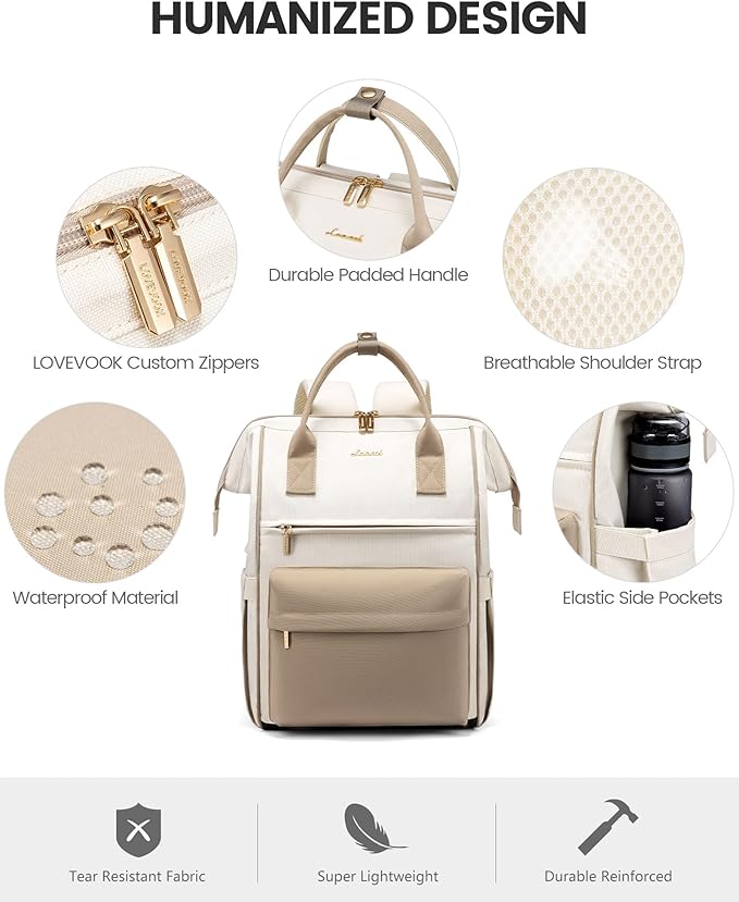 LOVEOVOOK 18Inch Laptop Backpack for Women, Large Capacity Travel Backpack with USB Charging Port, Waterproof Work Backpack for Business, College, Nursing & Airline Travel,Beige