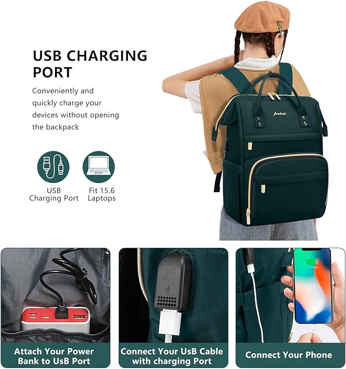 Focdod Women Laptop Backpack Work Bag - Fits 15.6 inch with Laptop Compartment Waterproof Professional Fashion Travel Purse for College Nurse Business Computer Backpack Dark Green