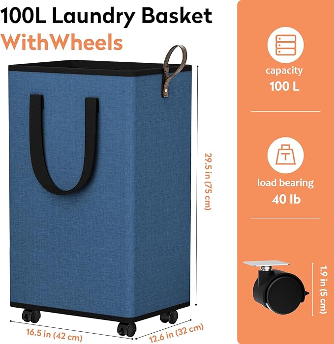 Laundry Basket with Wheels, Collapsible Laundry Baskets, Laundry Hamper with Handles Detachable Wheels, Rolling Laundry Basket, Dirty Clothes Hamper for Bathroom, Dorm, Bedroom, Navy, 100L