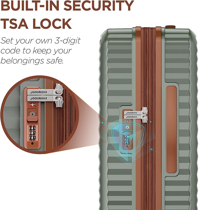 SHOWKOO Carry On Luggage Hardshell Lightweight Luggage Set, Suitcase with Double Spinner Wheels Tsa Lock White 3 piece set Green (DB/TB/20in)