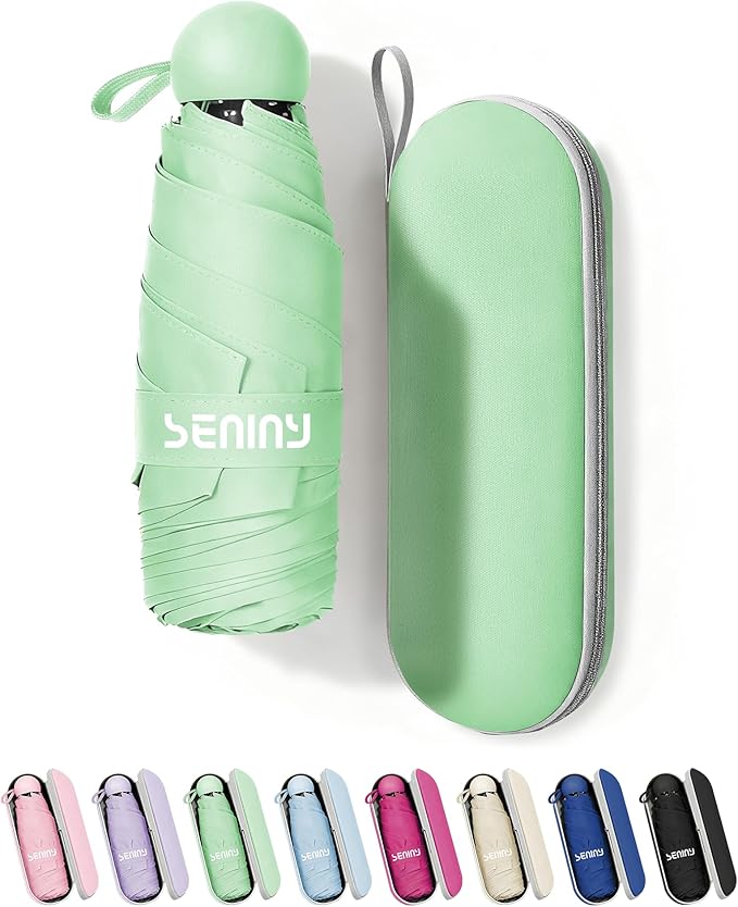 Seniny Mini Portable Travel Umbrella with Case - Compact Umbrellas for Rain & Sun UV Protection for Backpack Pocket, Lightweight Folding Small Umbrella, Tiny Purse Size UV Blocker for Kids Women Girls