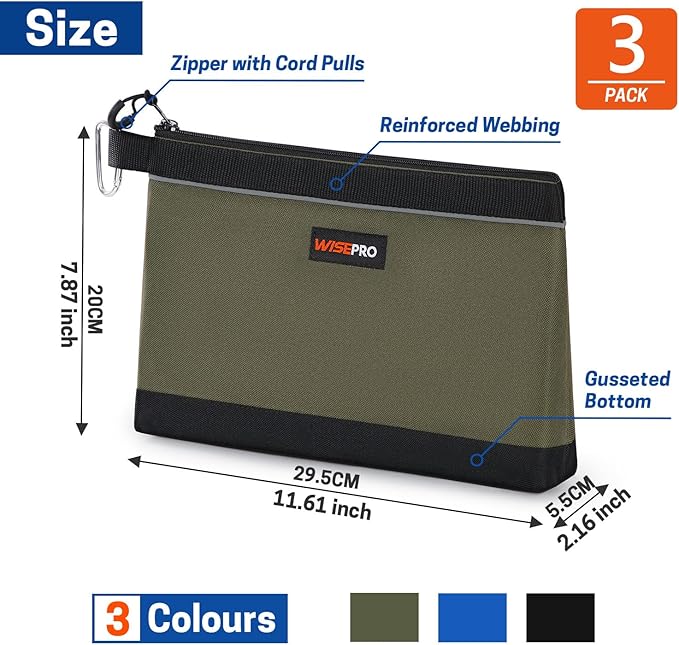 Zipper Tool Pouches, Multi-Purpose Utility Tool Bags Organizer for Small Hand Tools, Screws, Nails, Hardware, Pliers & Wrenches, Storage Pouch Set for Electricians, Plumbers, HVAC & Mechanics