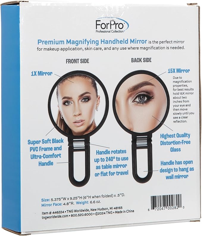 ForPro Professional Collection Premium Magnifying Handheld Mirror, 1X/15X Magnification Hand Mirror, Folding Adjustable Handle, for Makeup, Travel, Black