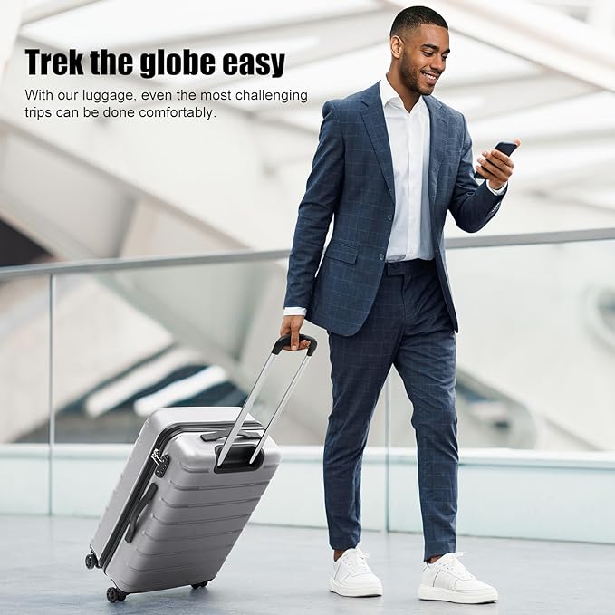 Coolife Luggage Suitcase Carry-on Spinner TSA Lock USB Port Expandable (only 28’’) Lightweight Hardside Luggage (Silver, L(28in))