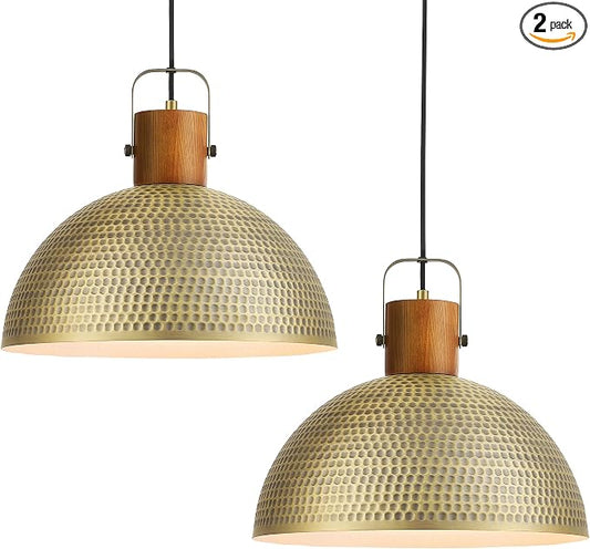 ELYONA 2 Pack Large Hammered Pendant Light Fixtures, 16 Inch Ash Wood Vintage Dome Hanging Lamp, Antique Gold Mid Century Pendant Lighting for Kitchen Island, Farmhouse, Dining Room, Brushed Brass