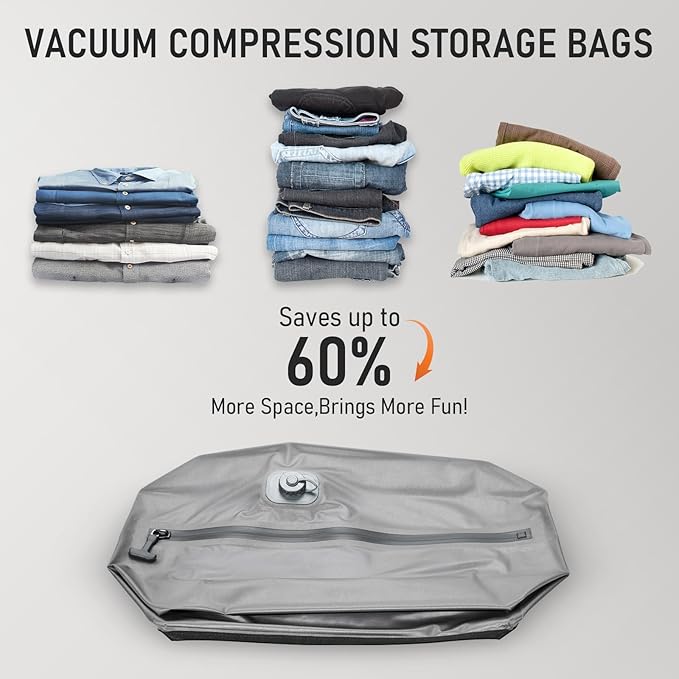 VJI Reusable Vacuum Bag for Travel, IPX8 Waterproof Compression Storage Bag for Luggage and Closet, Space Saving and Leakproof Packing Organizer (Grey, With pump)