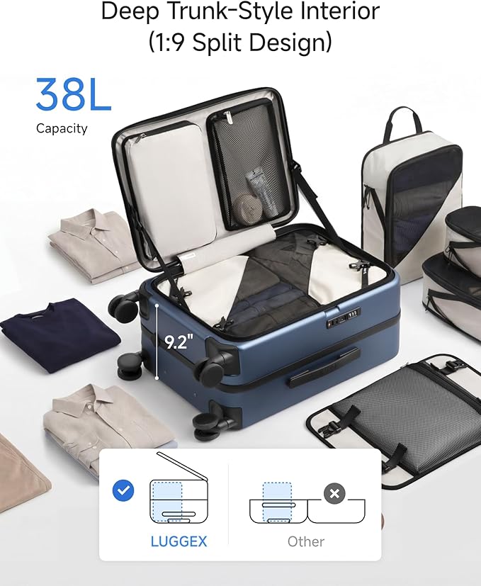 LUGGEX Carry On Luggage Top Opening, FLA Aluminum Frame Trunk Style Luggage, Polycarbonate Hard Shell Suitcase (FX-Enhance, Blue, 20 Inch, 38L)