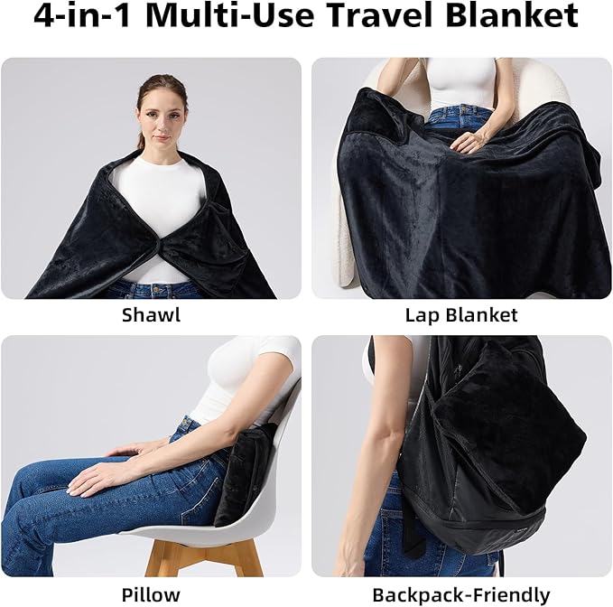 Travel Blanket with Carry Bag, Lightweight Wearable Airplane Blanket, Soft Packable Throw for Travel & Office Black