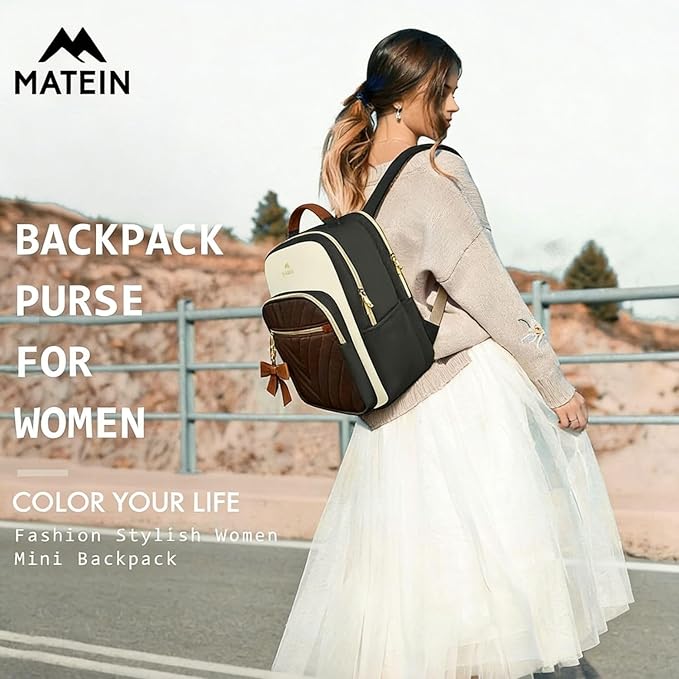 MATEIN Mini Backpack Purse for Women, Fashion Small Purse Backpack, Waterproof Casual Daily Cute Shoulder Bag Ladies Handbags for Travel Work College, 2pcs Sets, Black-Beige