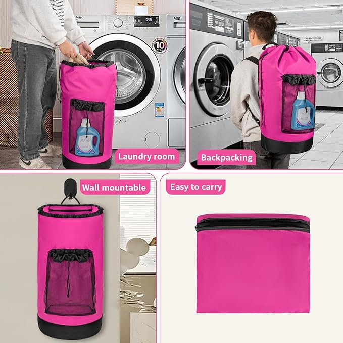 Laundry Bag Backpack with Shoulder Straps and Mesh Pocket Foldable Clothes Hamper Bag with Drawstring Closure for College, Apartment, Laundromat (Hot Pink)