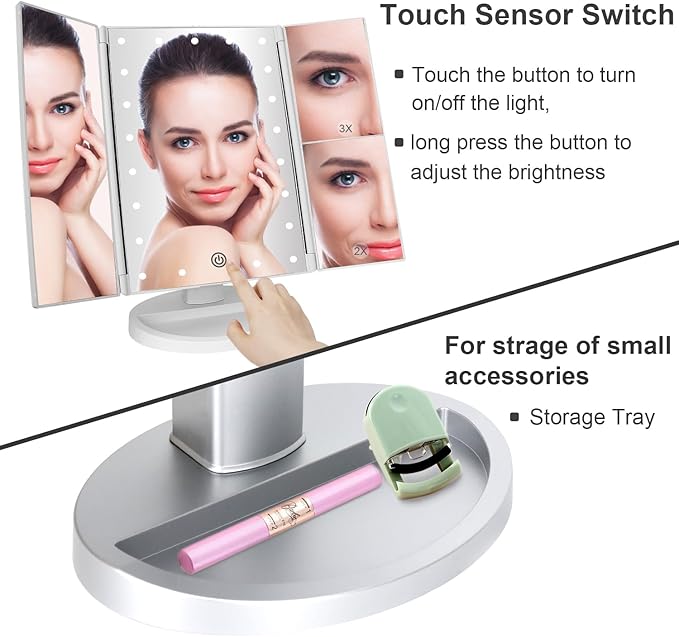 deweisn Dresser Mount Tri-Fold Lighted Vanity Mirror with 21 LED Lights, Touch Screen and 3X/2X/1X Magnification, Two Power Supply Modes Make Up Mirror,Travel Mirror