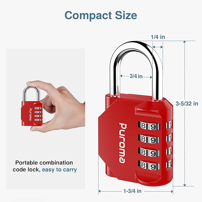 Puroma 2 Pack Combination Lock 4 Digit Padlock for School Gym, Sports Locker, Fence, Toolbox, Case, Hasp Storage (Red)