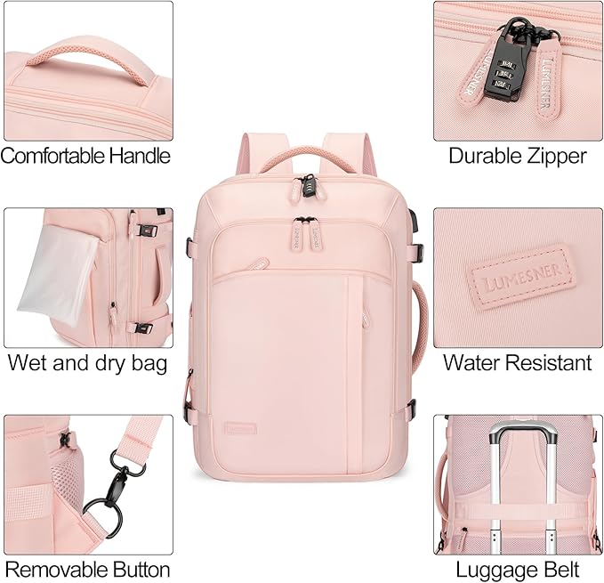 Lumesner Carry on Travel Backpacks, Extra Large 40L Flight Approved Bag for Men & Women,Expandable Suitcase Backpack With 4 Packing Cubes,Water Resistant Luggage Daypack Business Weekender Bag, Pink