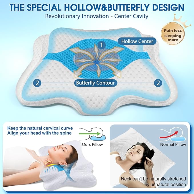 Memory Foam Pillows, Cervical Pillow for Neck and Shoulder Pain Relief, Ergonomic Contour Bed Pillow, Soft for Side Sleep Stomach Sleeping and Back Sleeper-Queen Size&Blue