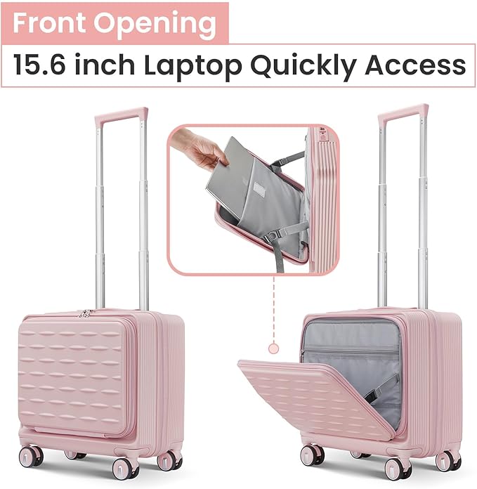 3 Piece Luggage Set 16 Inch Carry On with Front Opening, Expandable PC Hardshell Suitcase with 14" Cosmetic Case & Handbag, Lightweight Underseat Rolling Luggage with TSA Lock & PVC Cover