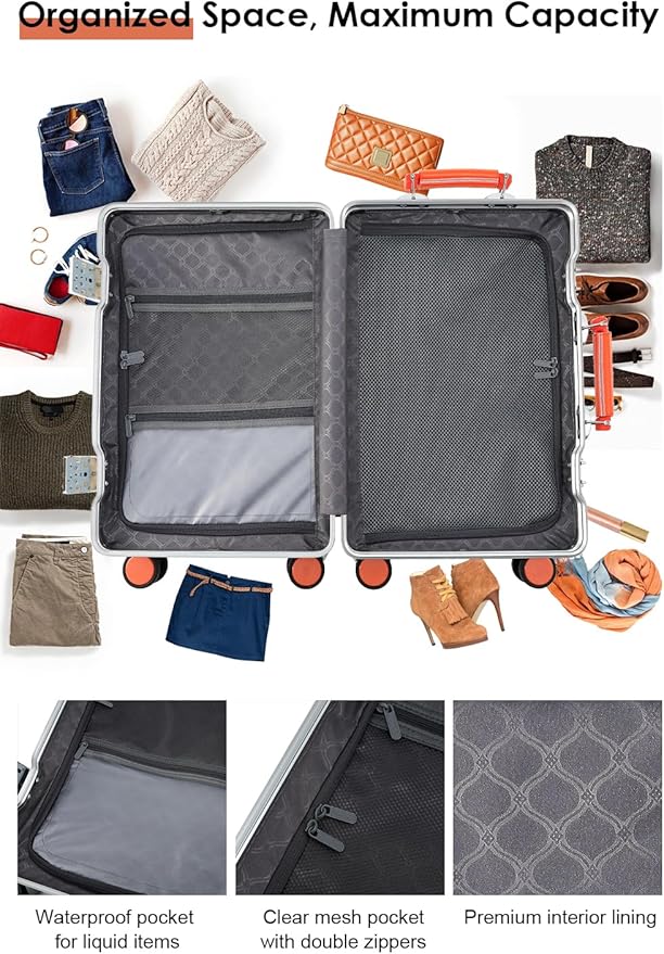 24 Inch Hardside Checked Luggage with Leather Handle, PC Zipperless Suitcase with Spinner Wheels and TSA Locks, Lightweight Checked Luggage for Travel