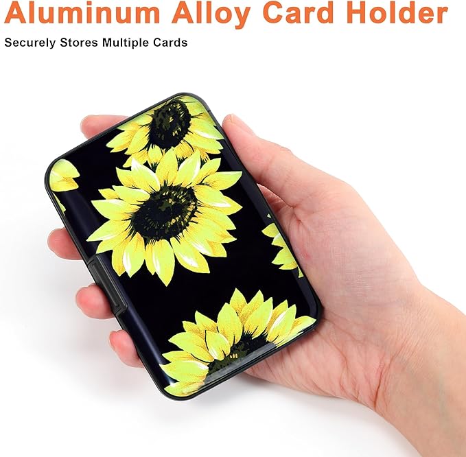 Mayski Credit Card Holder, RFID Blocking, Aluminum Alloy Hard Case, Small Mini Business Metal Wallet for Women Men, Sunflower