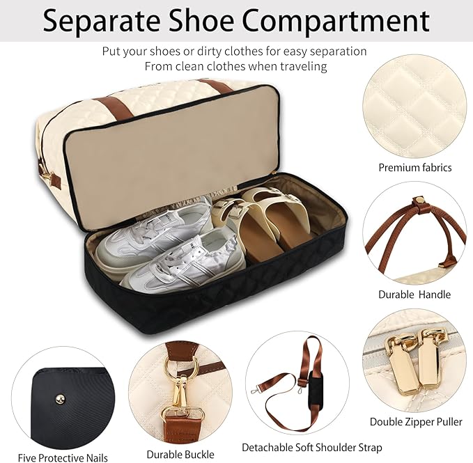 Weekender Bag, Large Travel Duffel Bag for Women, Carry on Overnight Bag with Shoe Compartment and Toiletry Bags