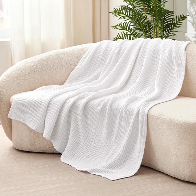 100% Cotton Muslin Blanket King 108" x 90", 6 Layers Breathable and Lightweight Cotton Throw Blanket for Bed, Soft Quilt Bedspread Coverlet, Gauze Blanket for Adults All Season, White