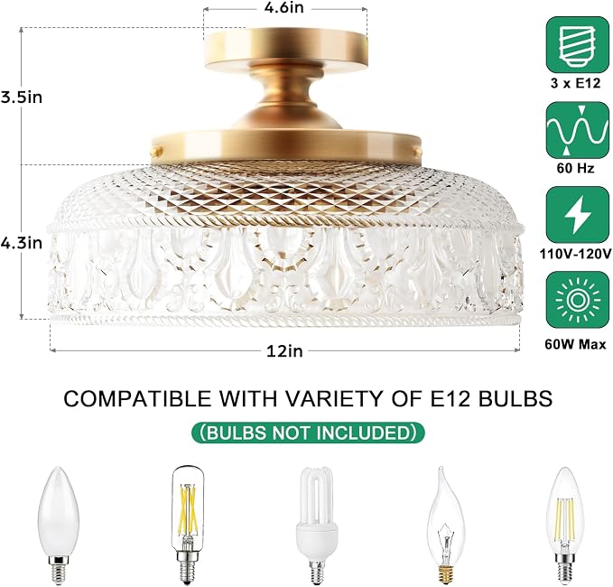 Lamomo Semi Flush Mount Ceiling Light, Upgraded Larger 12 Inch Golden Hallway Light Fixture, 3 Light Globe Glass Close to Ceiling Scone,Indoor Hanging Light for Bedroom Kitchen Porch Hallway