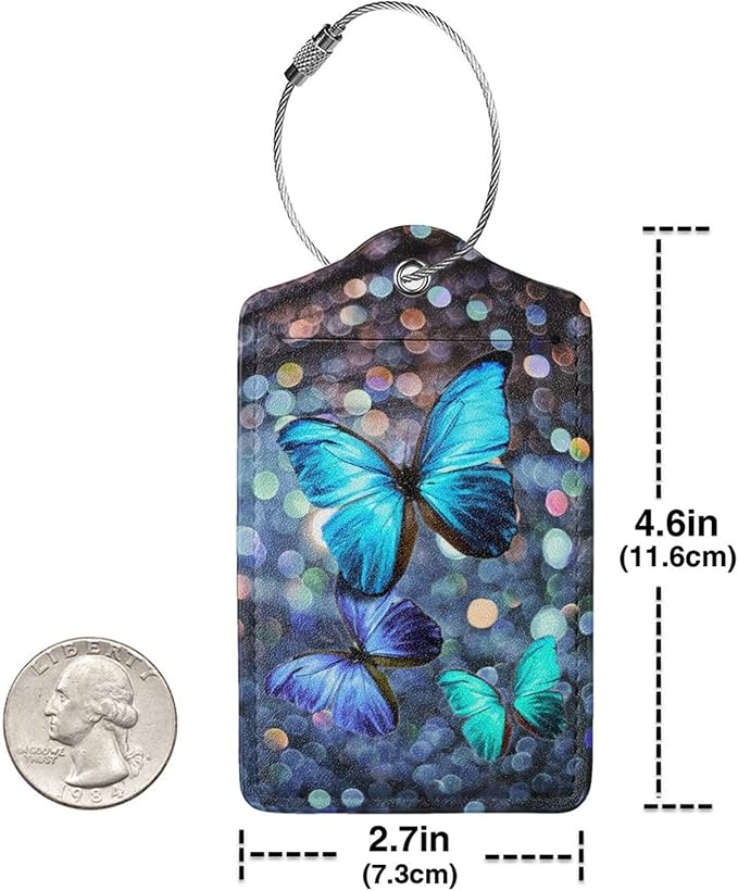 Colorful Butterfly Luggage Tag Set of 2 Leather Luggage Tag with Name Card PU Baggage Tags for Women Men Travel,Fun Laggage Tags (Butterfly)