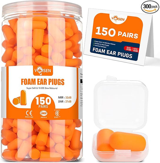 VOISEN 150 Pairs Foam Ear Plugs, Ear Plugs for Sleeping Noise Cancelling, 32dB NRR, 37dB SNR Earplugs for Sleeping, Snoring, Studying, Loud Events, Traveling & Concerts, A Storage Box, Orange
