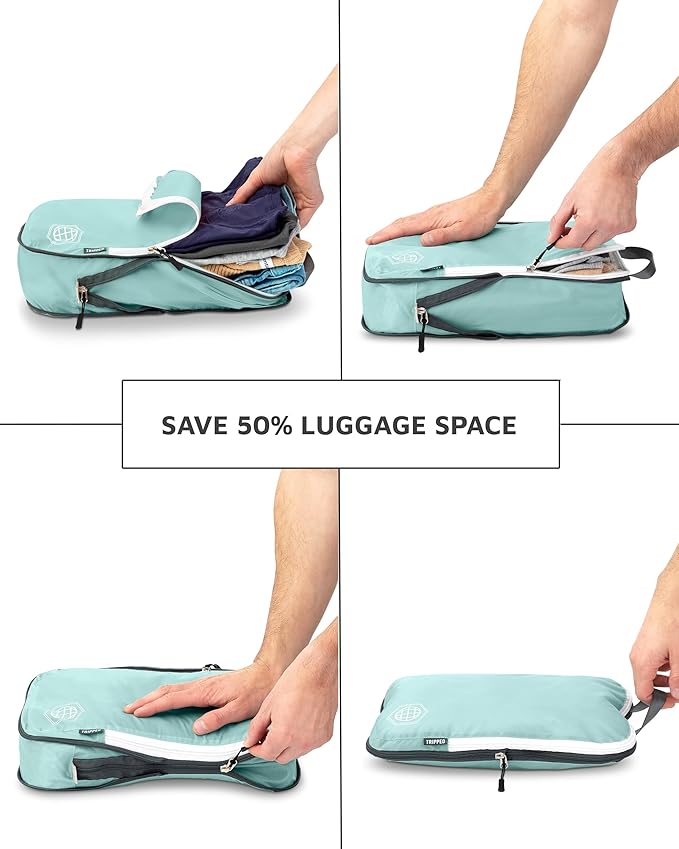 Compression Packing Cubes 6 Piece Set for Carryon Suitcases- Lightweight, Durable Clothes Organizer (Dusty Teal and White)