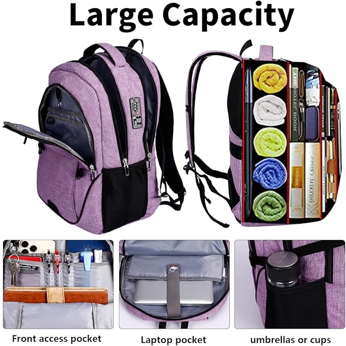 SHRRADOO Anti Theft Laptop Backpack Travel Backpacks with Combination Lock for Women Men High School College Backpack Computer Bag Fits 17 Inch Laptop,Purple | Travel Backpacks, usb Charging Port, College Backpack, Computer Bag
