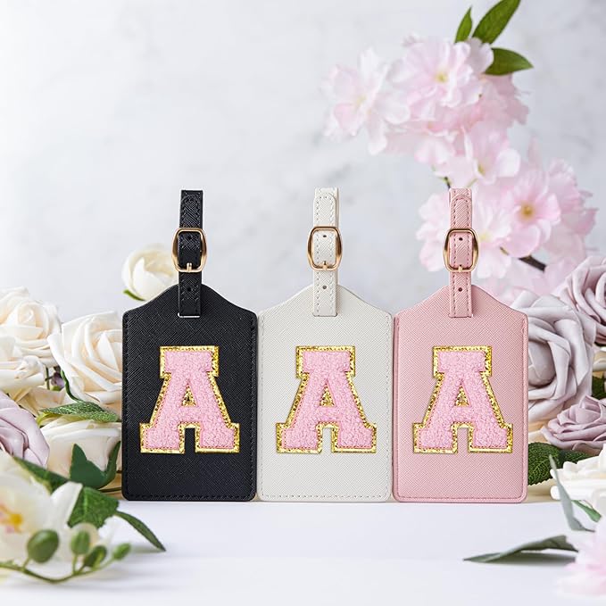 Initial Luggage Tag, PU Leather Luggage Tag, Embroidered Luggage Tag, Letter Luggage Tag, Monogrammed Luggage Tag, Luggage Tag for Baggage Bag Suitcase (A, Black Leather+Pink Letter)