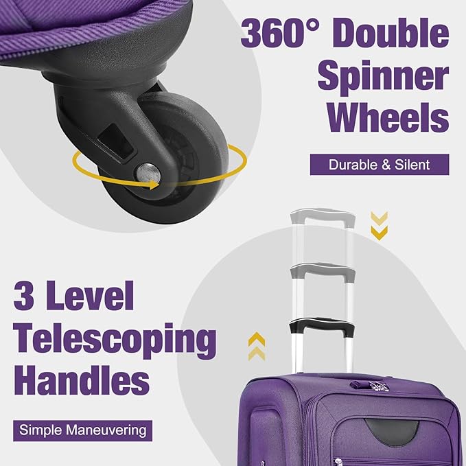 Luggage Sets Softside Expandable 3 Piece Set Lightweight Suitcase with Duffel Bag Upright Spinner Softshell, TSA Lock Carry On for Business for Family Travel (Purple, 22"/26"/30")