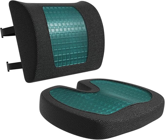 Amazon Basics Comfortable Seat Cushion & Lumbar Support for Office Chairs, Gel Enhanced Memory Foam, Non-Slip, Cooling, Portable, Pack of 2, Rectangular, Black