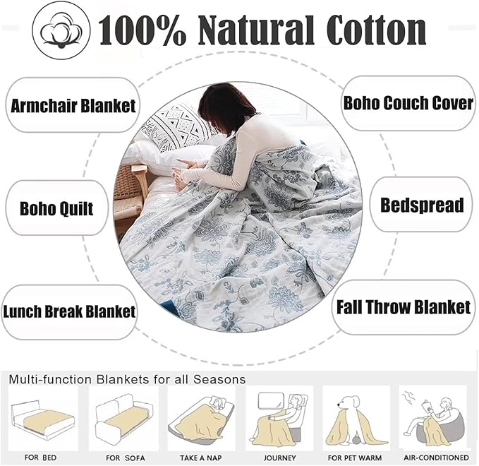 MSGKV Spring Throw Blanket 100% Cotton 60''x 80'', Versatile Woven Soft Decorative Blankets for Chair Bed Sofa Couch Bedroom Living Room