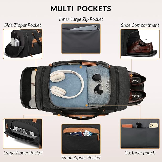 Canvas Duffle Bag for Travel 65L Expandable Travel Duffel Bags for Men Women Weekender Overnight Bag with Shoes Compartment - Dark Grey