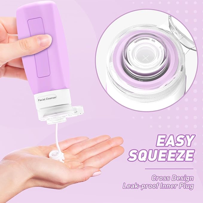 Redfly Travel Bottles for Toiletries, Tsa Approved 3oz Travel Size Containers, Leak Proof Travel Size Toiletries Bottles Silicone, BPA Free Refillable Essentials for Shampoo Conditioners, Purple