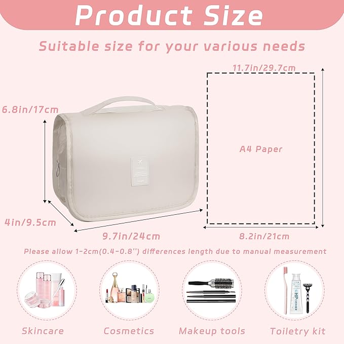 Toiletry Bag Travel Bag with Hanging Hook, Waterproof Capacity Hanging Multifunctional Makeup Bag for Toiletries, Portable Cosmetic Bag Travel Organizer for Women and Men(Beige)