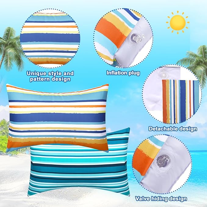 4 Pack Inflatable Beach Pillows with Removable Washable Covers Hawaii Tropical Style Portable Air Pillows for Vacation Sand Tanning Pool and Travel(Horizontal Stripes)