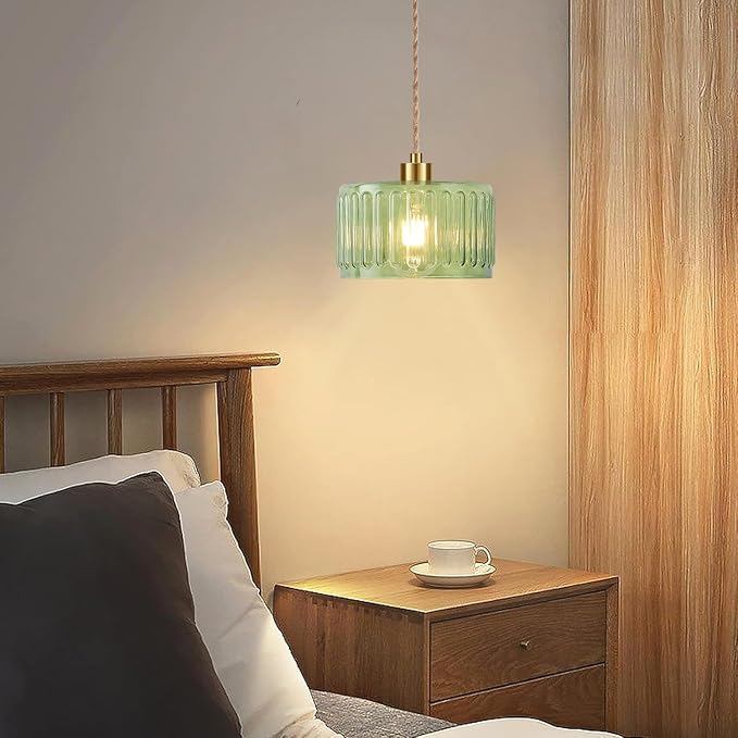 QIYIZM Plug in Pendant Light Hanging Lights with Plug in Cord Boho Hanging Lamp Glass Gold Mid Century Modern Vintage Dimmable Green Flower Plug in Chandelier Ceiling Fixture for Living Room,Kitchen