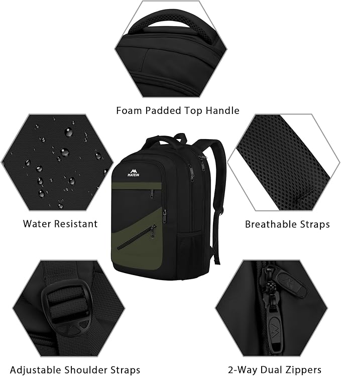 MATEIN 17 Inch Laptop Backpack for Work, Airline Approved Carry On Travel Backpack with Anti Theft Pocket and Luggage Strap, Water Resistant College Computer Daypack Gifts for Men Women, Black Green