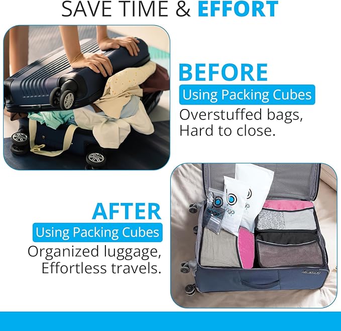 bago 7 Pcs Packing Cubes for Suitcases - 4 Travel Cubes with 3 ZipLock Bags - Luggage Organizer Bags to Get Maximum Storage, Save Time & Effort to Pack - Happy Traveling (Pink)