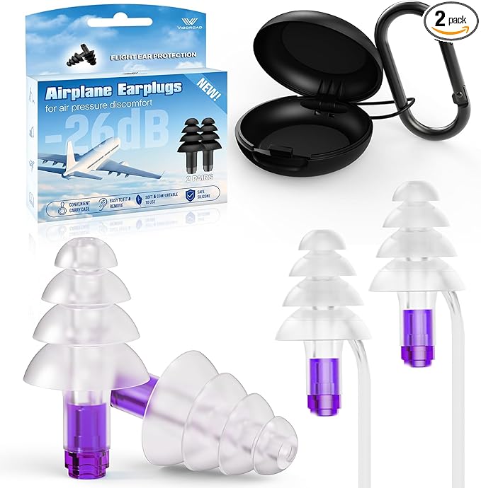 Ear Plugs for Airplane Pressure Relief, 2 Pairs Kids 6+, Adults/Small Canal Reusable Airplane Earplugs 26dB, with Silicone Connector Cord, Travel Essentials for Flying, Ear Protection Earplugs
